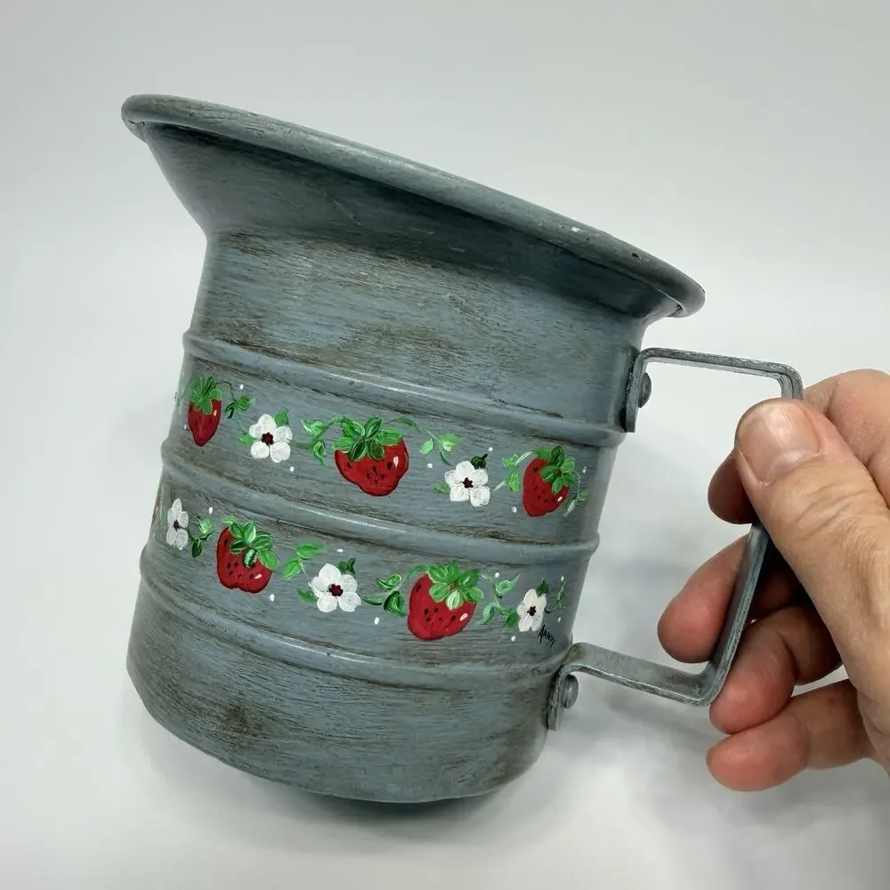 Handpainted Blue Strawberry Blossoms Metal Measuring Cup Planter Vase 6
